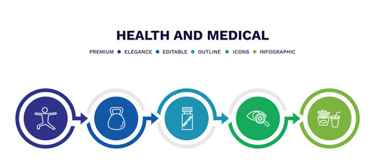 set of health and medical thin line icons. health and medical outline icons with infographic template. linear icons such as exercise, dumbbell, proteins, optometrist, fast food vector.