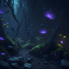 Fototapeta na wymiar Dark Fantasy Fairytale Futuristic Forest With Glowing Lights Fireflies Magical Creatures Green Moss Path Big Thorns Flowers Generative Ai Illustration