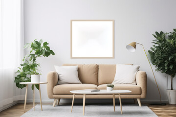 Cozy Scandinavian Living Room with Blank Horizontal Poster Frame and Warm Textures