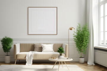 Cozy Scandinavian Living Room with Blank Horizontal Poster Frame and Warm Textures