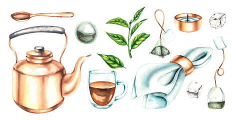 Watercolor set of utensils for tea drinking with a tea plant