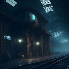 Futuristic Cyber Gaming Dark Foggy Abandoned Railway Station  Industrial Structure Underground Tunnel Warm Glowing Lights Generative Ai Illustration