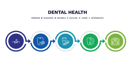set of dental health thin line icons. dental health outline icons with infographic template. linear icons such as wisdom tooth, aid, denture, apicoectomy, clinic vector.