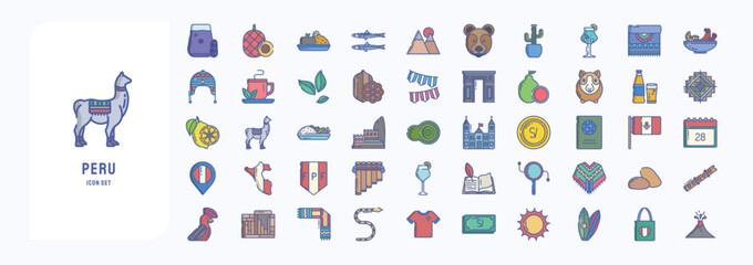 A collection sheet of linear color icons for Peru, including icons like Anchovy, Bear, Cactus, Cocoa, Guinea Pig and more