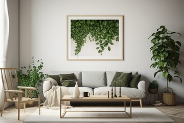 Bright and Airy Living Room with Blank Horizontal Poster Frame and Organic Decor