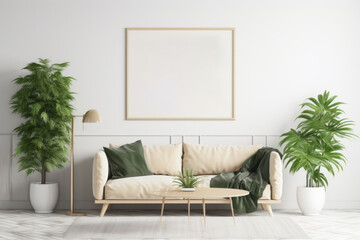 Bright and Airy Living Room with Blank Horizontal Poster Frame and Organic Decor