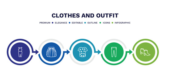 set of clothes and outfit thin line icons. clothes and outfit outline icons with infographic template. linear icons such as jumpsuit, tulle skirt, t shirt with de, slim fit pants, ankle boots
