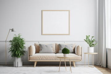 Bright and Airy Living Room with Blank Horizontal Poster Frame and Organic Decor