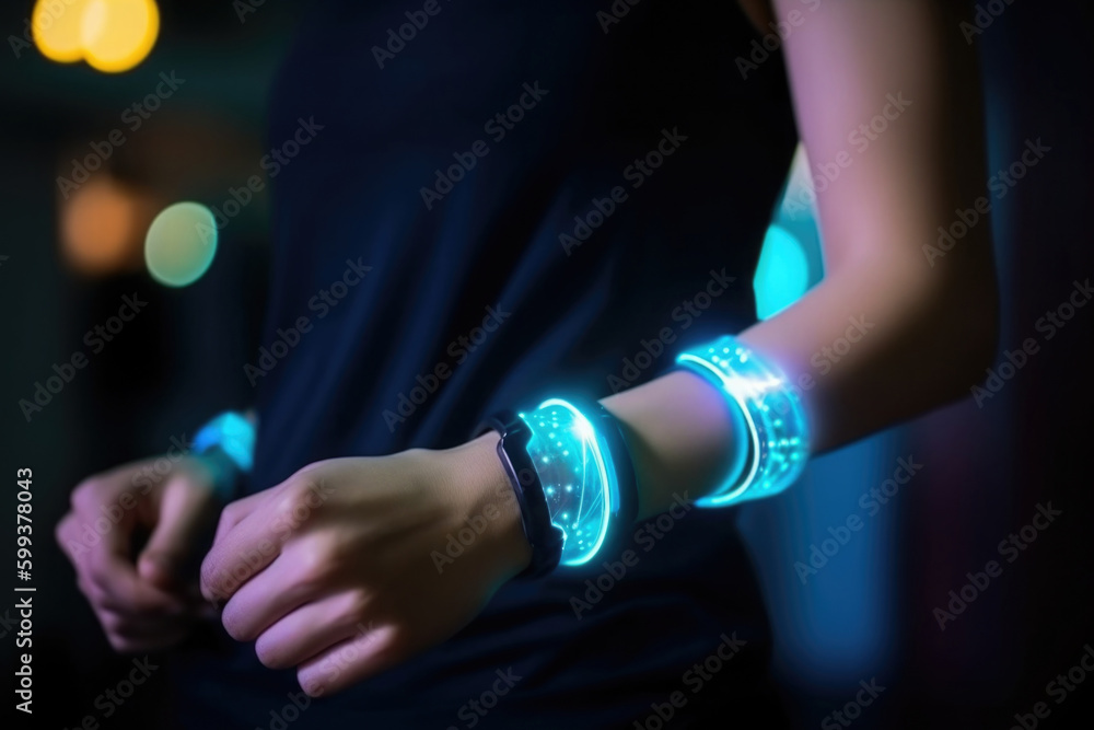 Poster futuristic smart device with glowing hologram display on human hand. virtual reality technology in r