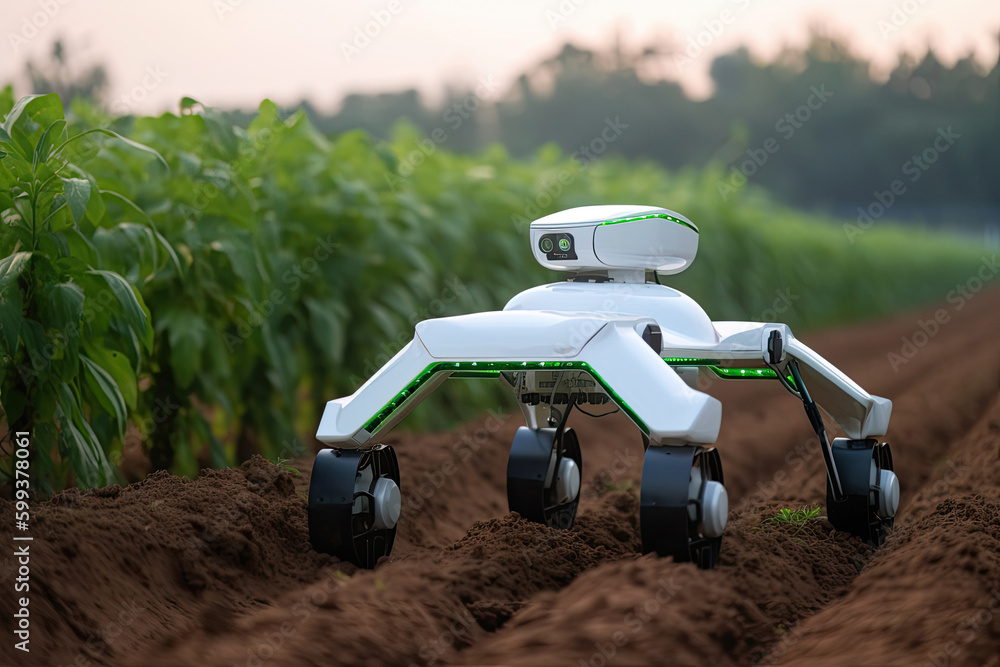 Poster unmanned automatic robot working in agricultural field. smart futuristic technologies in agriculture