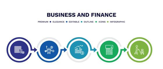 set of business and finance thin line icons. business and finance outline icons with infographic template. linear icons such as economy games, multitasking woman, profit report, calculator maths