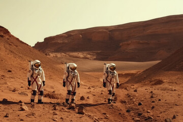 Astronauts wearing space suits walking on red planet. Martian colony. Mars colonization. Created with Generative AI