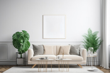 Contemporary Living Room with Blank Horizontal Poster Frame and Natural Light