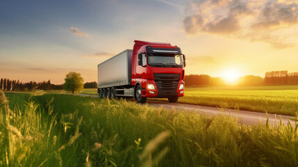 Modern European Truck riding through the greenery at sunset. Modern transportation technology. Red lorry in a rush. Future logistics. 