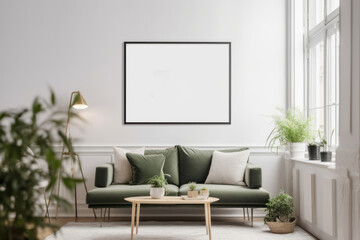 Contemporary Living Room with Blank Horizontal Poster Frame and Natural Light
