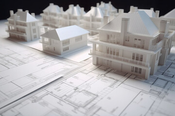 Model of house building standing on architectural plan. Technical project of new house. Drawing for construction. Created with Generative AI