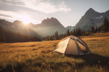 Fototapeta na wymiar Camping tent with amazing view on mountain landscape at sunset. Hiking and nature travel concept. Outdoor activities in summer. Created with Generative AI