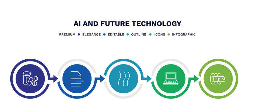 set of ai and future technology thin line icons. ai and future technology outline icons with infographic template. linear icons such as medicine, file transfer, road, laptop, hyperloop vector.
