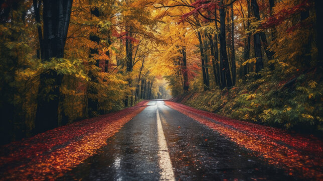 a beautiful long road in the autumn season is lined with trees bearing colorful leaves