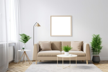 Modern Living Room with Blank Horizontal Poster Frame and Minimalistic Decor
