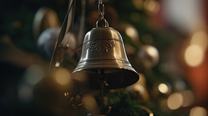 bell is hanging on the christmas tree. Generative Ai
