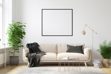 Modern Living Room with Blank Horizontal Poster Frame and Minimalistic Decor
