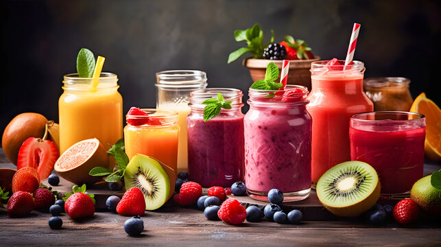 Deliciosos zumos y batidos naturales y saludables con frutas. Generativo ai.