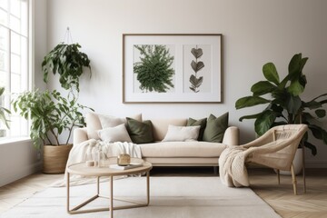 Bright Scandinavian Living Room with Blank Horizontal Poster Frame and Natural Accents
