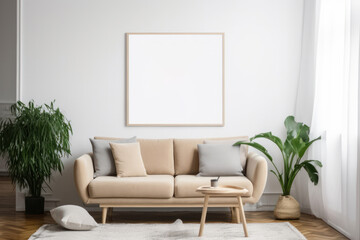 Bright Scandinavian Living Room with Blank Horizontal Poster Frame and Natural Accents