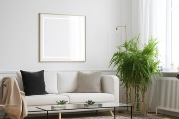 Fototapeta na wymiar Bright Scandinavian Living Room with Blank Horizontal Poster Frame and Natural Accents