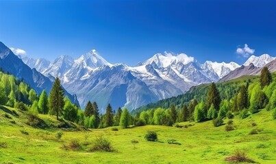 Fototapeta premium a mountain range with trees and grass in the foreground. generative ai