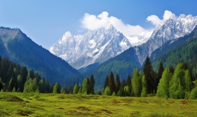 Fototapeta premium a grassy field with a mountain range in the background and trees in the foreground. generative ai