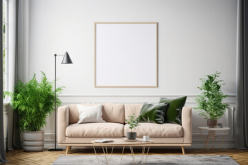 Bright Scandinavian Living Room with Blank Horizontal Poster Frame and Natural Accents