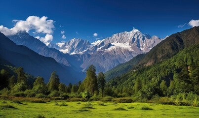 Obraz premium a mountain range with trees and grass in the foreground. generative ai