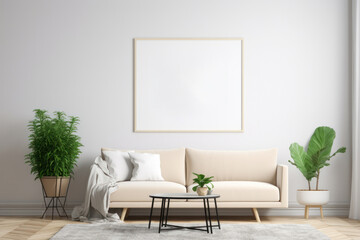 Bright Scandinavian Living Room with Blank Horizontal Poster Frame and Natural Accents