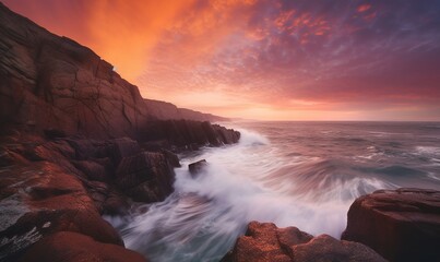 Fototapeta na wymiar a sunset over the ocean with waves crashing against the rocks. generative ai