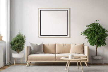 Contemporary Living Room with Blank Horizontal Poster Frame and Minimalistic Style