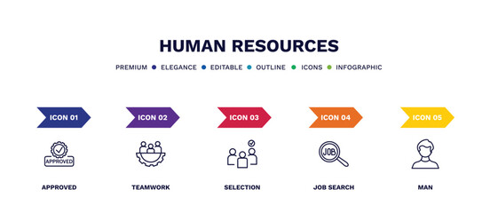 set of human resources thin line icons. human resources outline icons with infographic template. linear icons such as approved, teamwork, selection, job search, man vector.