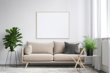 Contemporary Living Room with Blank Horizontal Poster Frame and Minimalistic Style