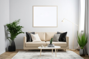 Modern Scandinavian Living Room with Blank Horizontal Poster Frame and Natural Elements