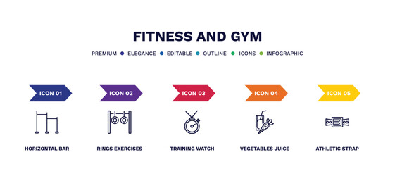 set of fitness and gym thin line icons. fitness and gym outline icons with infographic template. linear icons such as horizontal bar, rings exercises, training watch, vegetables juice, athletic
