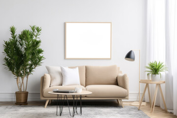 Modern Scandinavian Living Room with Blank Horizontal Poster Frame and Natural Elements