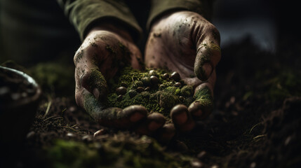 Close-up of human hands holding seeds and green foliage created with Generative AI technology