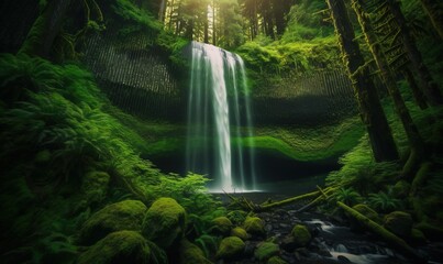  a waterfall in the middle of a forest with moss growing on the ground.  generative ai