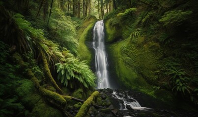  a waterfall in a lush green forest with moss growing on the rocks.  generative ai