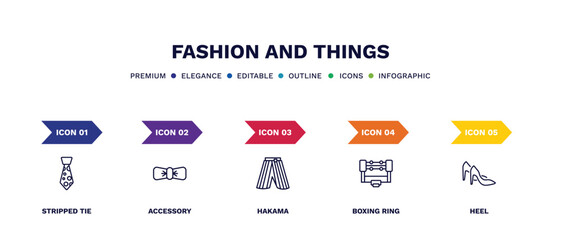 set of fashion and things thin line icons. fashion and things outline icons with infographic template. linear icons such as stripped tie, accessory, hakama, boxing ring, heel vector.
