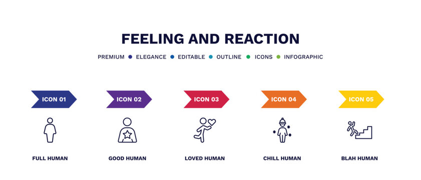 set of feeling and reaction thin line icons. feeling and reaction outline icons with infographic template. linear icons such as full human, good human, loved human, chill blah vector.