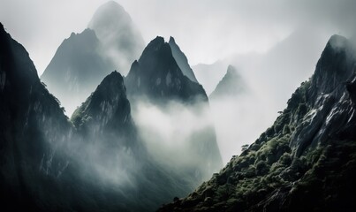 a mountain range covered in fog and mist in the mountains.  generative ai