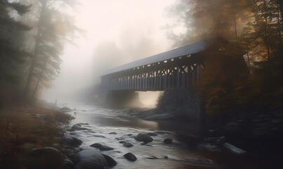  a bridge over a river in the middle of a forest.  generative ai