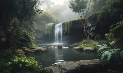  a waterfall in the middle of a jungle with a waterfall in the background.  generative ai